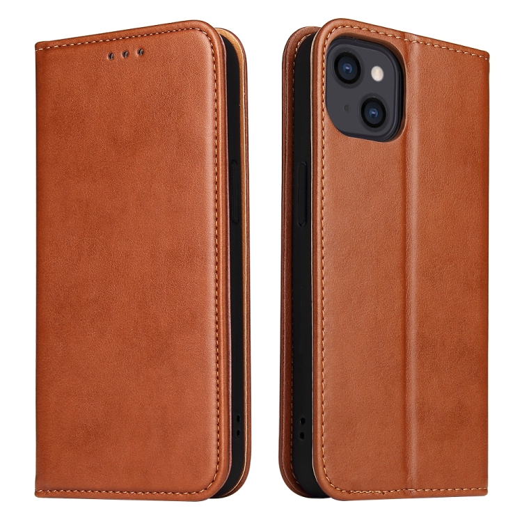 

For iPhone 14 Fierre Shann PU Genuine Leather Texture Leather Phone Case (Brown)