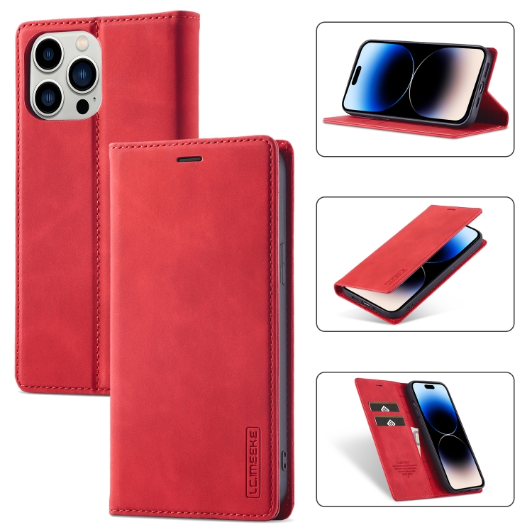 

For iPhone 14 Pro Max LC.IMEEKE Strong Magnetic Leather Phone Case with Holder & Card Slots & Wallet (Red)