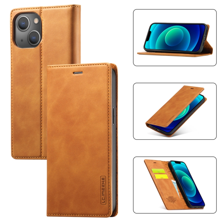 

For iPhone 14 Plus LC.IMEEKE Strong Magnetic Leather Phone Case with Holder & Card Slots & Wallet (Brown)