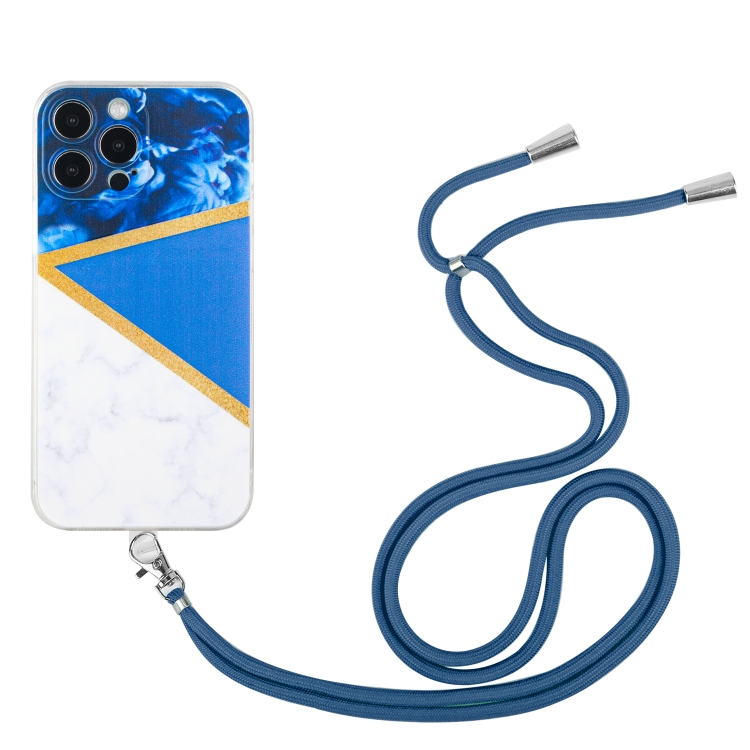 

Lanyard Stitching Marble TPU Case For iPhone 14 Pro Max(Dark Blue)