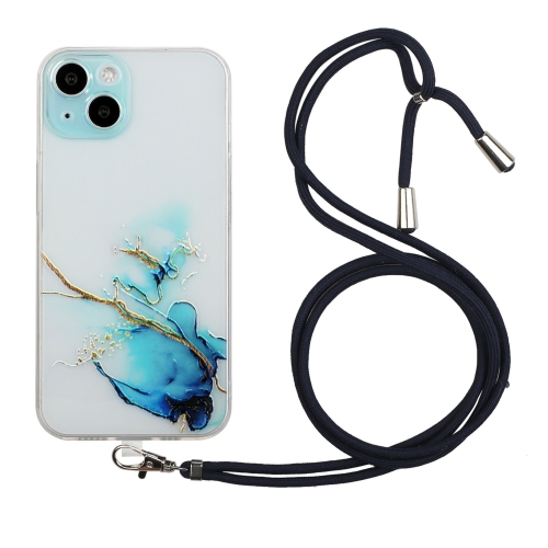 

For iPhone 14 Hollow Marble Pattern TPU Shockproof Protective Case with Neck Strap Rope (Blue)