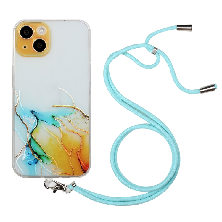 

For iPhone 14 Hollow Marble Pattern TPU Shockproof Protective Case with Neck Strap Rope Max(Yellow)