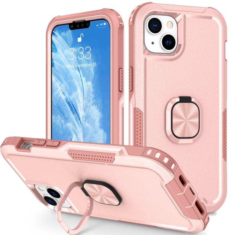 

3 in 1 Ring Holder Phone Case For iPhone 14(Pink)