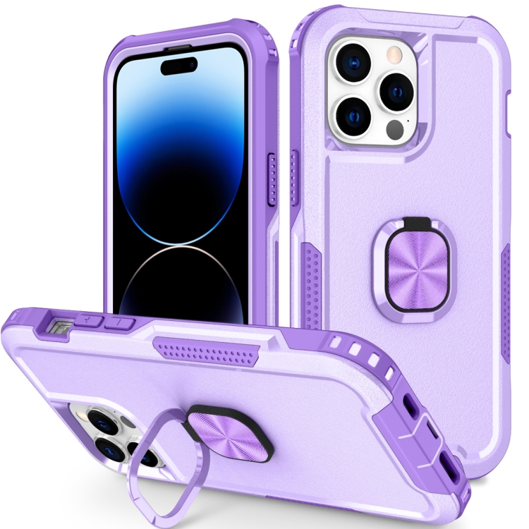 

3 in 1 Ring Holder Phone Case For iPhone 14 Pro(Light Purple)
