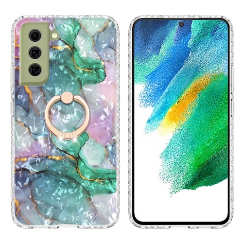 

For Samsung Galaxy S21 FE 5G Ring Holder 2.0mm Airbag TPU Phone Case(Ink Green Marble)