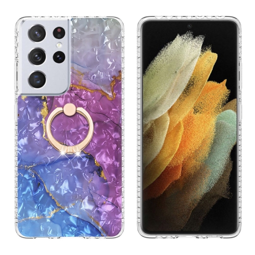 

For Samsung Galaxy S21 Ultra 5G Ring Holder 2.0mm Airbag TPU Phone Case(Blue Purple Marble)