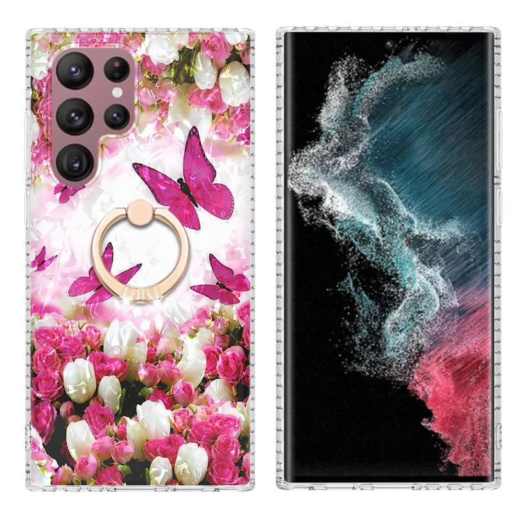 

For Samsung Galaxy S22 Ultra 5G Ring Holder 2.0mm Airbag TPU Phone Case(Dancing Butterflies)