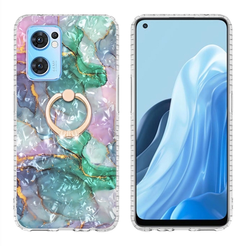 

For OPPO Reno7 5G Ring Holder 2.0mm Airbag TPU Phone Case(Ink Green Marble)