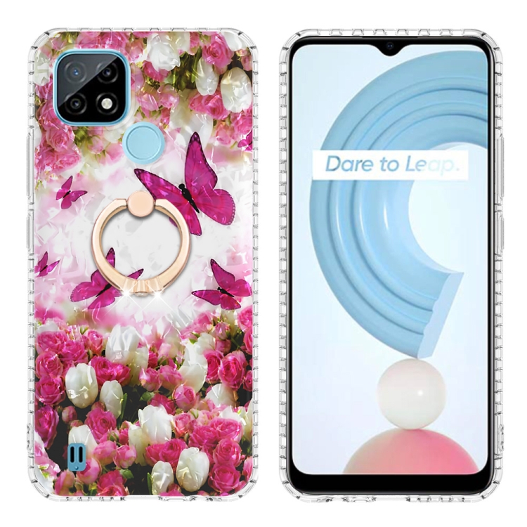 

For Realme C21 Ring Holder 2.0mm Airbag TPU Phone Case(Dancing Butterflies)