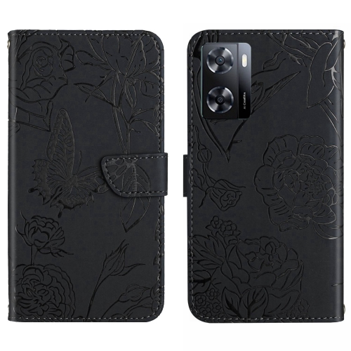 

For OPPO A57 4G/A77 4G/Realme Narzo 50 5G/Realme V23 HT03 Skin Feel Butterfly Embossed Flip Leather Phone Case(Black)
