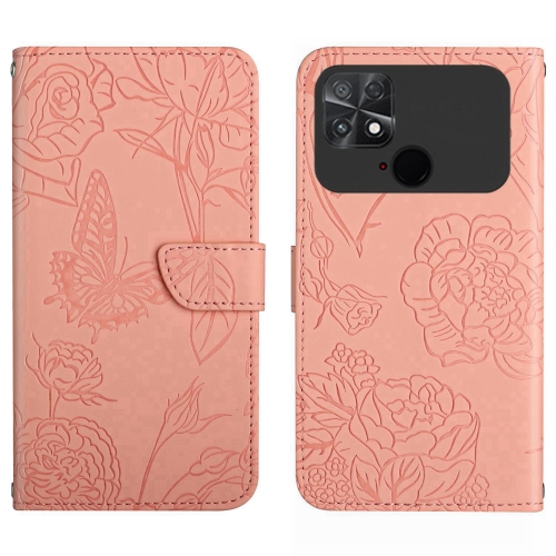 

For Xiaomi Poco C40 HT03 Skin Feel Butterfly Embossed Flip Leather Phone Case(Pink)