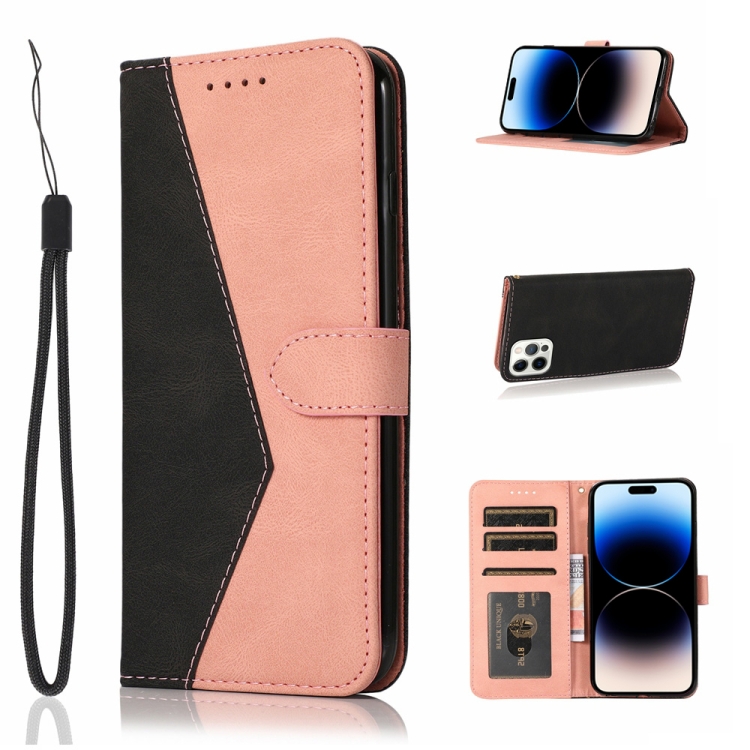 

Dual-color Stitching Leather Phone Case For iPhone 14 Pro(Black Pink)