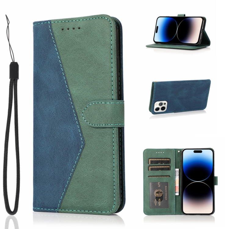 

Dual-color Stitching Leather Phone Case For iPhone 14 Pro Max(Blue Green)