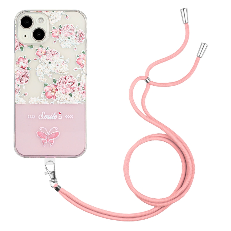 

Bronzing Butterfly Flower TPU Phone Case with Lanyard For iPhone 14(Peony)