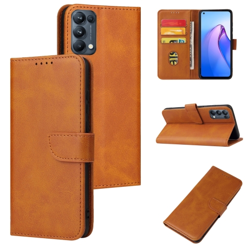 

For OPPO Reno5 Calf Texture Buckle Flip Leather Phone Case(Khaki)