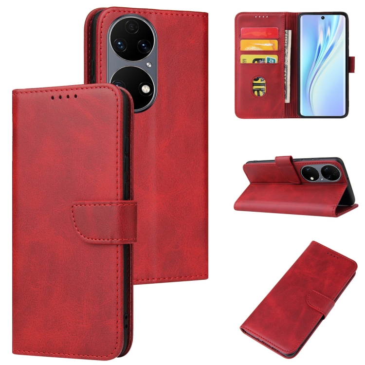 

For Huawei P50 Calf Texture Buckle Flip Leather Phone Case(Red)