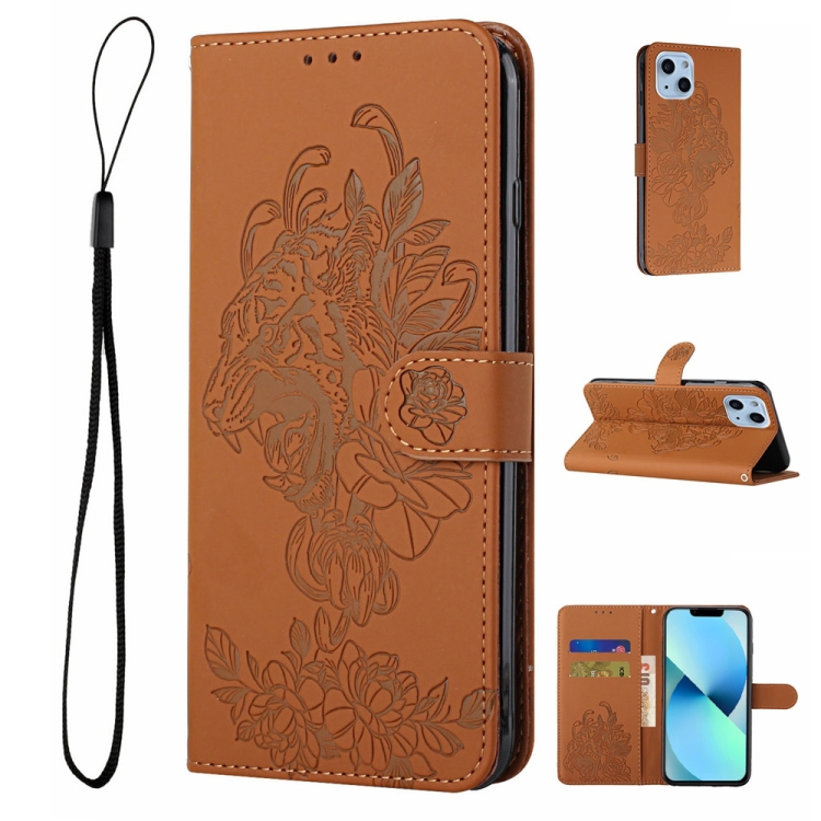 

Tiger Flower Embossing Leather Phone Case For iPhone 14(Brown)