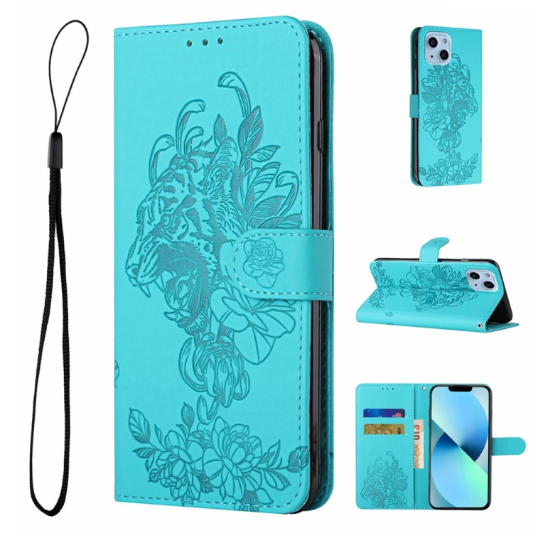 

For iPhone 14 Plus Tiger Flower Embossing Leather Phone Case (Baby Blue)