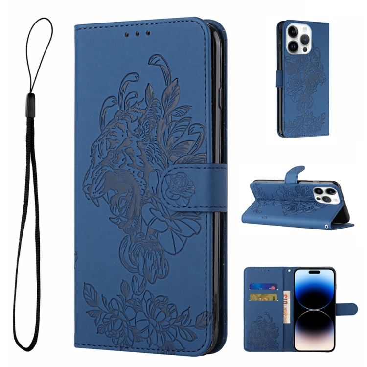 

For iPhone 14 Pro Tiger Flower Embossing Leather Phone Case(Royal Blue)