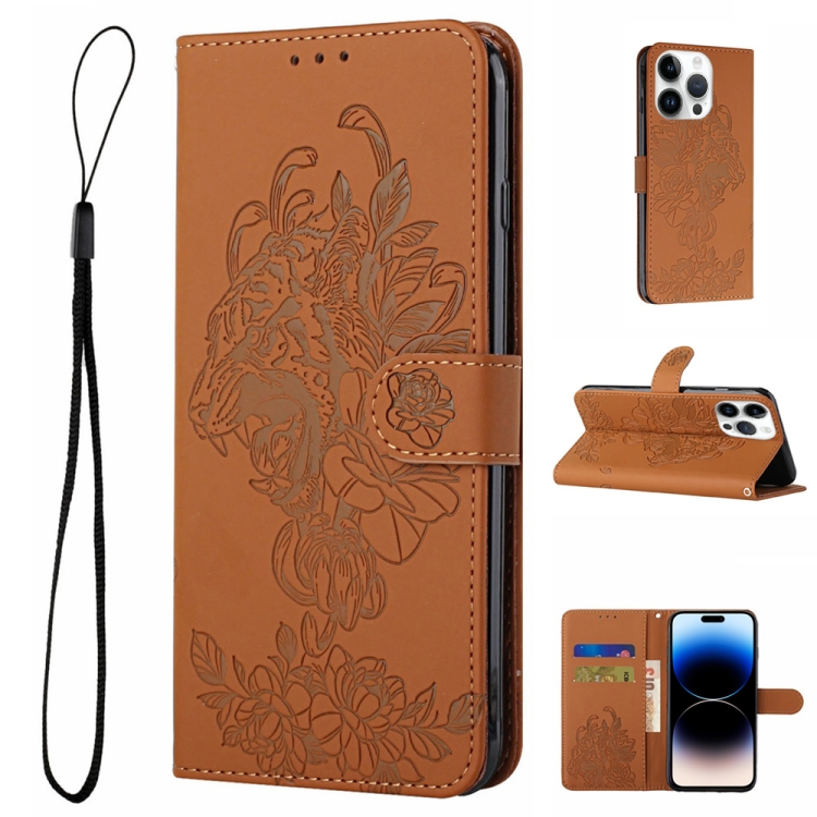

For iPhone 14 Pro Tiger Flower Embossing Leather Phone Case(Brown)