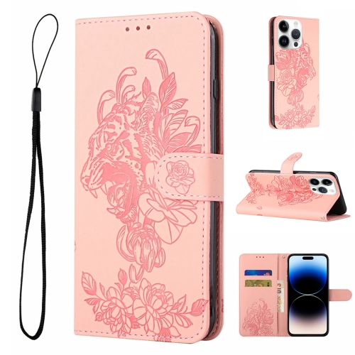 

Tiger Flower Embossing Leather Phone Case For iPhone 14 Pro Max(Pink)