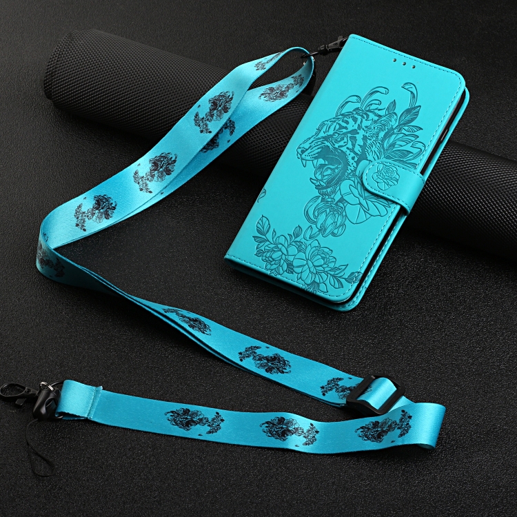 

Tiger Flower Embossing Lanyard Leather Phone Case For iPhone 14(Baby Blue)