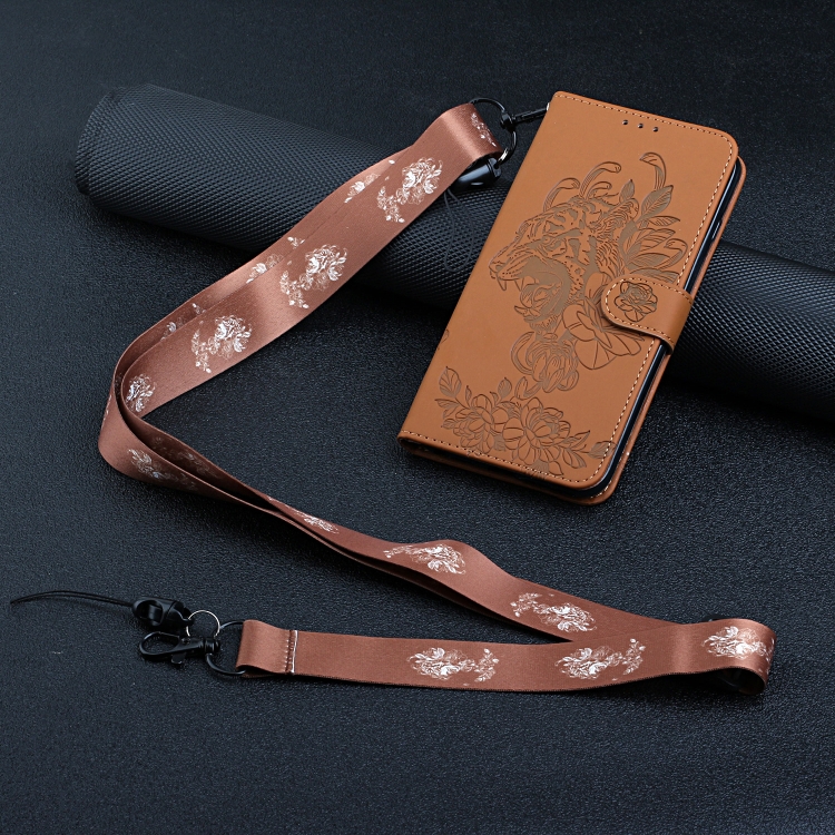 

Tiger Flower Embossing Lanyard Leather Phone Case For iPhone 14 Max(Brown)