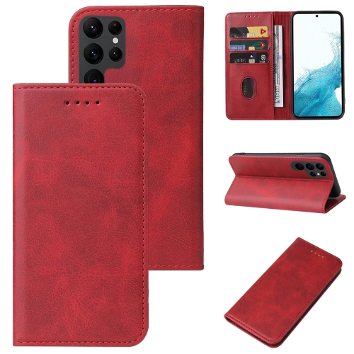 

For Samsung Galaxy S22 Ultra 5G Calf Texture Magnetic Flip Leather Phone Case(Red)