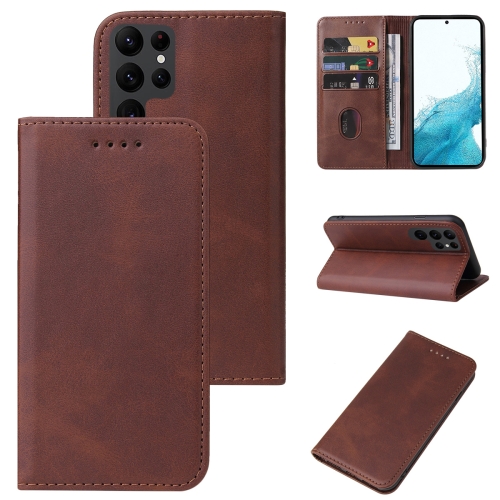 

For Samsung Galaxy S22 Ultra 5G Calf Texture Magnetic Flip Leather Phone Case(Brown)