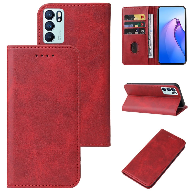 

For OPPO Reno6 4G Calf Texture Magnetic Flip Leather Phone Case(Red)