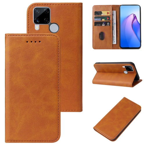 

For Realme C15 Calf Texture Magnetic Flip Leather Phone Case(Khaki)