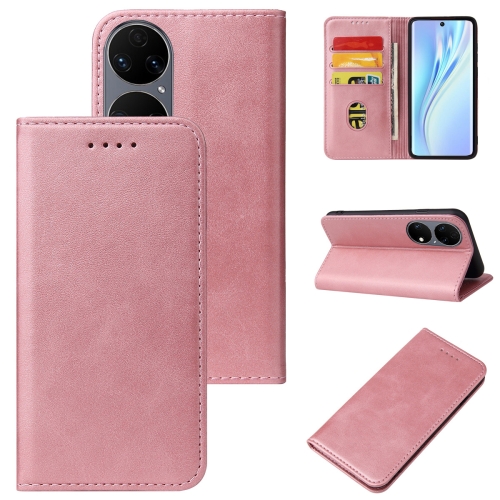 

For Huawei P50 Calf Texture Magnetic Flip Leather Phone Case(Rose Gold)