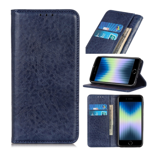 

For iPhone SE 2022 / SE 2020 Magnetic Suction Crazy Horse Pattern PU Left and Right Open with Bracket and Card Slot and Wallet(Blue)