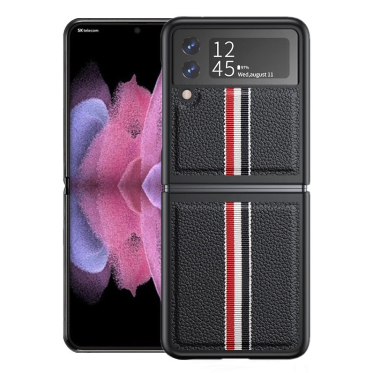 

For Samsung Galaxy Z Flip4 Litchi Texture Genuine Leather Color Strip Phone Case(Black)