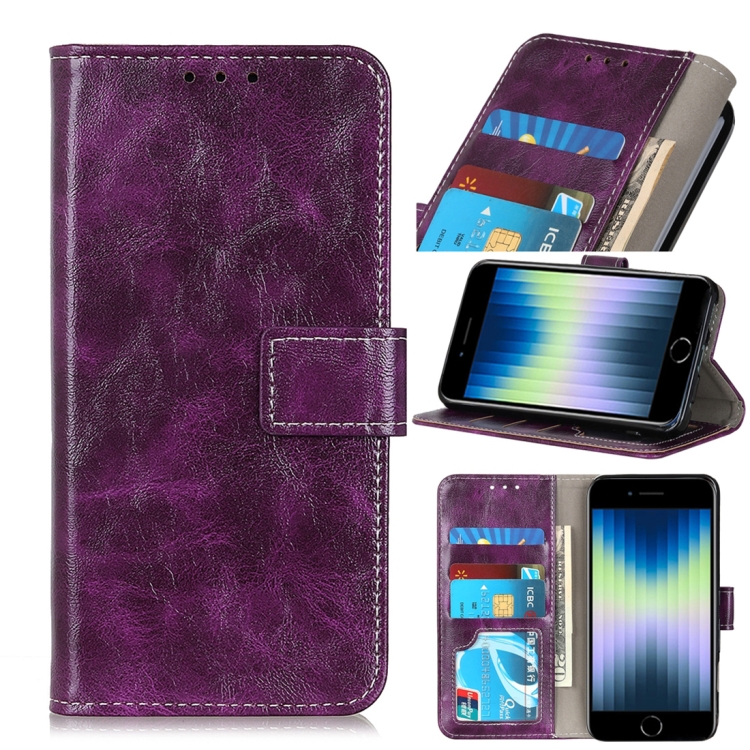 

For iPhone SE 2022 / SE 2020 Vintage Crazy Horse PU + + Left and Right Leather Case with Photo Frame & Bracket & Front and Back Buckle(Purple)