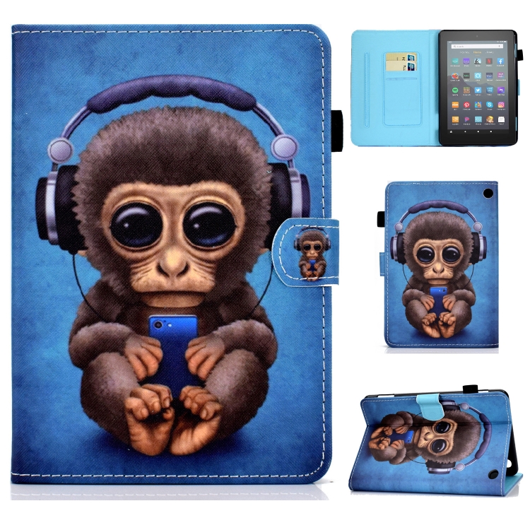 

For Amazon Kindle Fire 7 2022 Colored Drawing Stitching Leather Tablet Case, with Holder & Card Slots(Headphone Monkey)