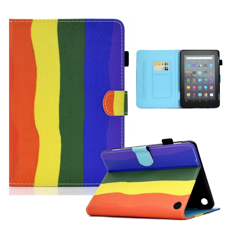 

For Amazon Kindle Fire 7 2022 Colored Drawing Stitching Leather Tablet Case, with Holder & Card Slots(Rainbow)