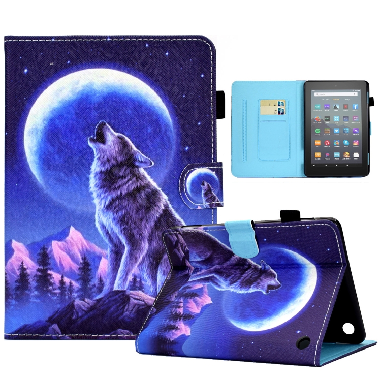 

For Amazon Kindle Fire 7 2022 Colored Drawing Stitching Leather Tablet Case, with Holder & Card Slots(Night Wolf)
