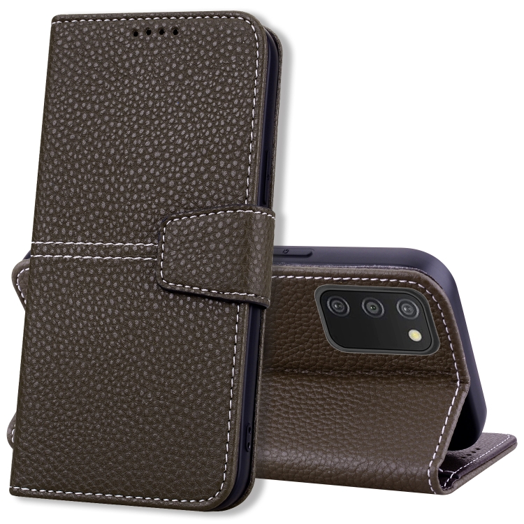 

For Samsung Galaxy A02s 166.6mm EU Version Litchi RFID Leather Phone Case(Khaki)