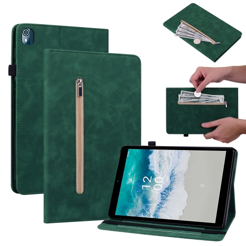 

For Nokia T10 Skin Feel Solid Color Zipper Leather Tablet Case(Green)