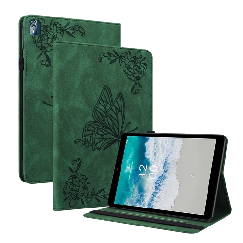 

For Nokia T10 Butterfly Flower Embossed Leather Tablet Case(Green)