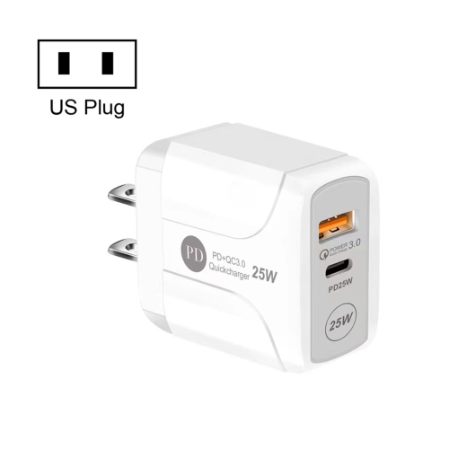 

25W PD Type-C + QC3.0 USB Ports Travel Charger, Plug Type:US Plug(White)