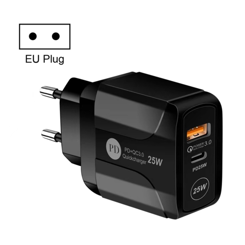 

25W PD Type-C + QC3.0 USB Ports Travel Charger, Plug Type:EU Plug(Black)