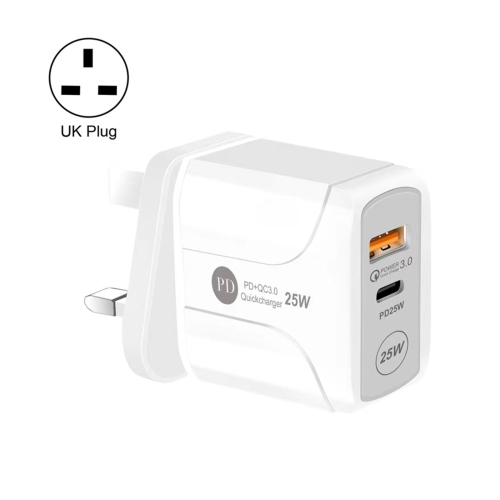 

25W PD Type-C + QC3.0 USB Ports Travel Charger, Plug Type:UK Plug(White)