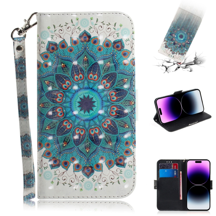 

3D Colored Horizontal Flip Leather Phone Case For iPhone 14 Pro(Peacock Wreath)