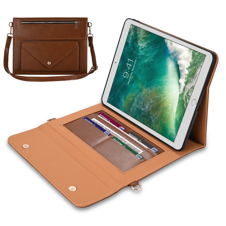 

3-fold Zipper Leather Tablet Case Crossbody Pocket Bag For iPad 9.7 2018 & iPad 9.7 2017 & Air 2 & Air(Brown)