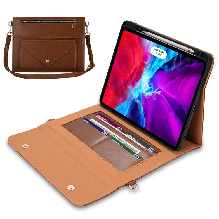 

3-fold Zipper Leather Tablet Case Crossbody Pocket Bag For iPad Pro 11 2018 / 2020 / 2021(Brown)