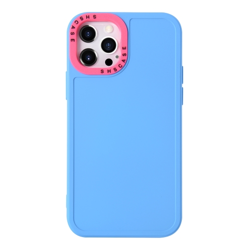 

For iPhone 12 Color Contrast Lens Frame TPU Phone Case(Sky Blue+Rose Red)