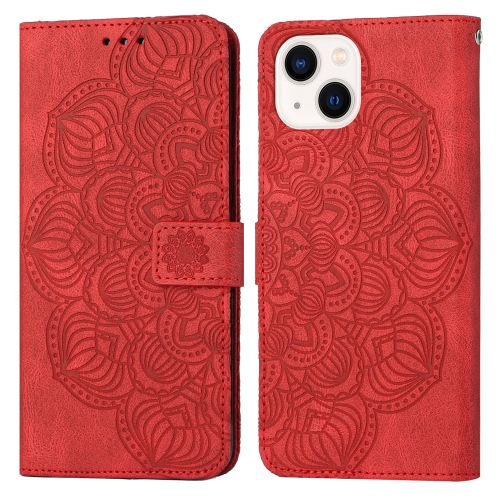 

For iPhone 14 Plus Mandala Embossed Flip Leather Phone Case (Red)