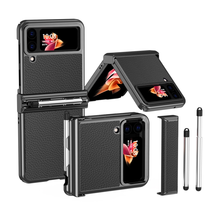 

For Samsung Galaxy Z Flip4 Litchi Texture Leather Hinged Electroplated Phone Case with Pen(Black)